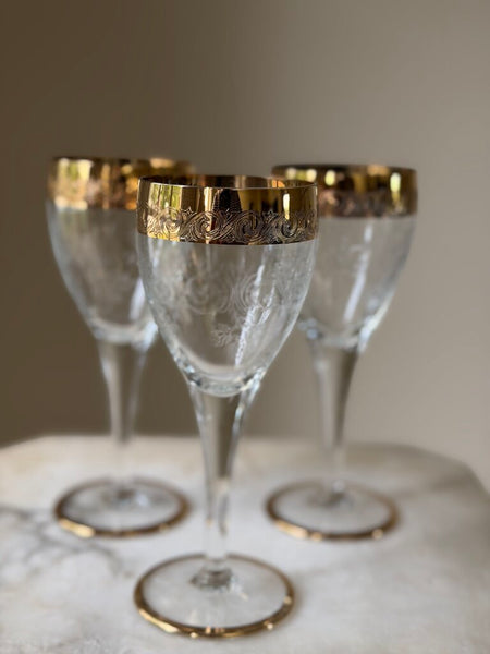 Set of 3 Gold Trim Etched Crystal Glasses