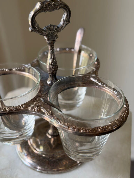 1722 Vintage silver plate condiment caddy w/ 3 spoons