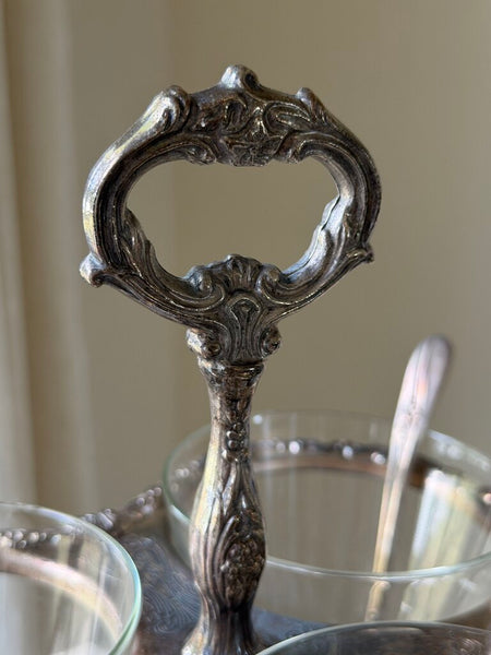 1722 Vintage silver plate condiment caddy w/ 3 spoons