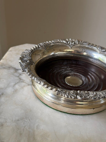1710 Silverplate and wood bottle coaster