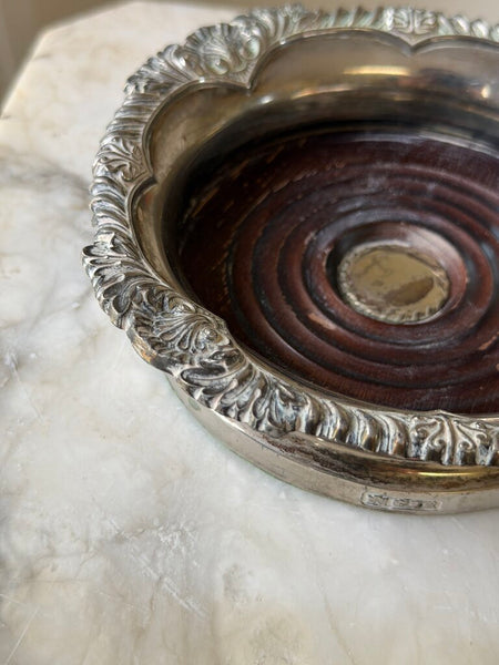 1710 Silverplate and wood bottle coaster