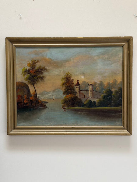 Castle w/ Boats on Water Oil on Canvas (as-is)