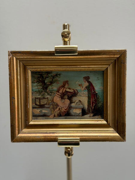 1669 Antique Oil on Panel of 2 Women setting free doves