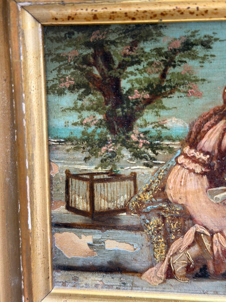1669 Antique Oil on Panel of 2 Women setting free doves