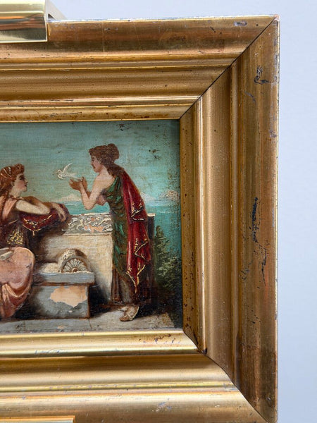 1669 Antique Oil on Panel of 2 Women setting free doves