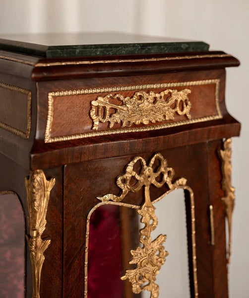 1242 Louis XVI French Ormolu Vitrine with Magenta Tufted Silk Lining & Working Key