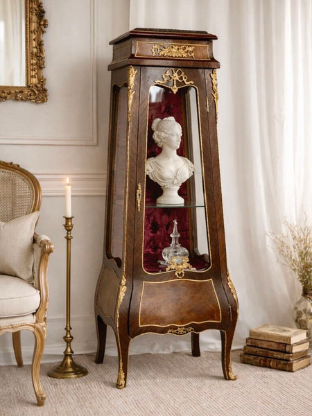 1242 Louis XVI French Ormolu Vitrine with Magenta Tufted Silk Lining & Working Key