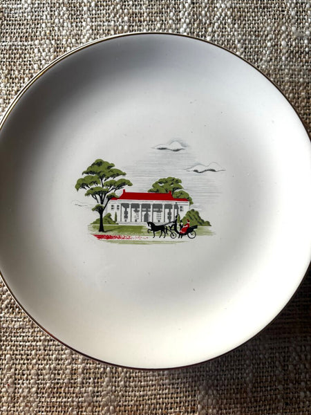 Set of 8 Vintage Paden City Pottery Plates w/ a Southern Plantation and Horse-Drawn Carriage Design 7.5R