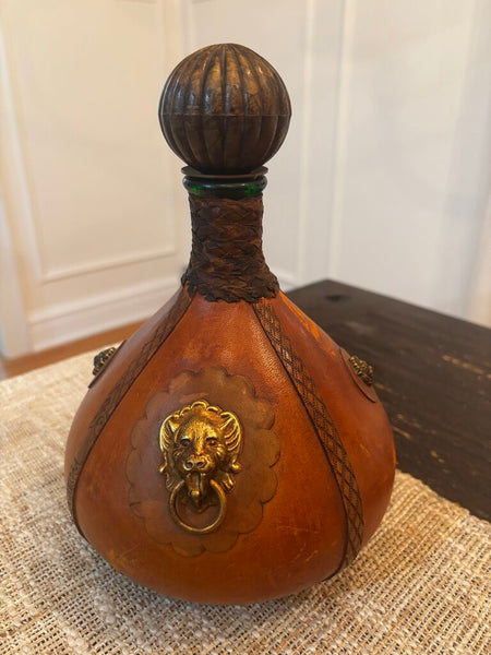 Vintage MCM 1960's Italian Leather Wrapped Lion's Head Decal Green Glass Decanter