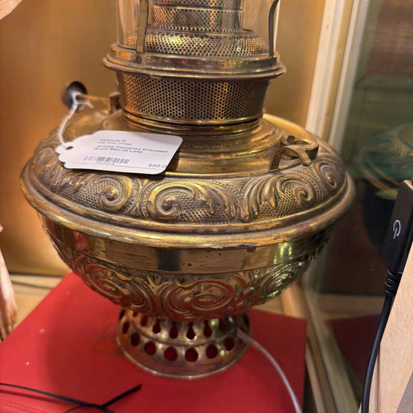 Antique Converted Embossed Brass B&H Oil Lamp