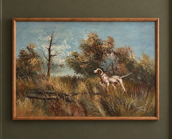 Vintage Hunting Pointer Dog Oil on Canvas Artwork (Signed) 37"w x 25"h