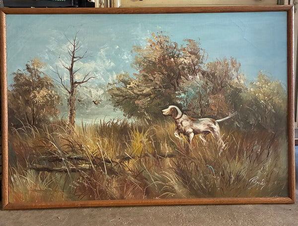Vintage Hunting Pointer Dog Oil on Canvas Artwork (Signed) 37"w x 25"h