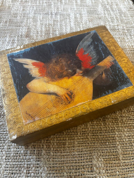 Vtg Italy Florentine Renaissance Gilt Wooden Box Butterfly Angel Mandolin