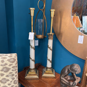 Pair of column lamps with brass