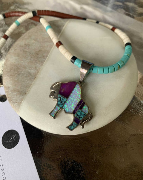 Sterling bull inlay stone necklace