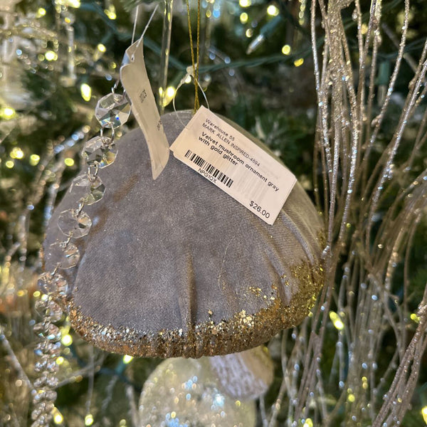 Velvet mushroom ornament gray with gold glitter