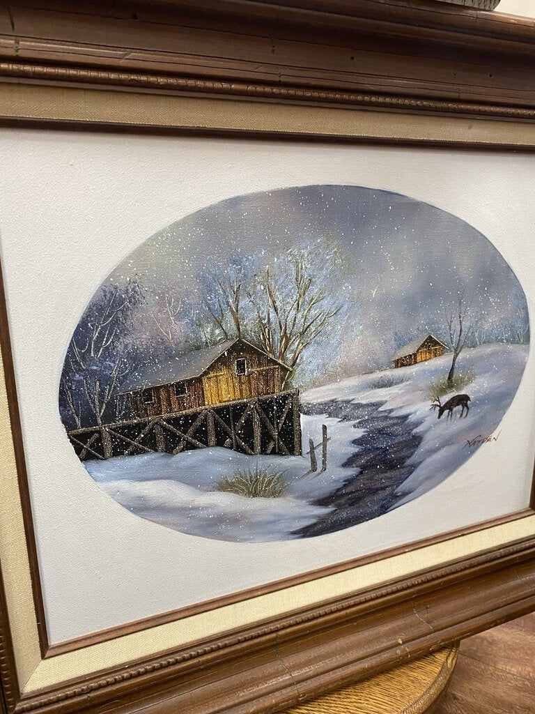 Framed Painted Winter Scene with Deer
