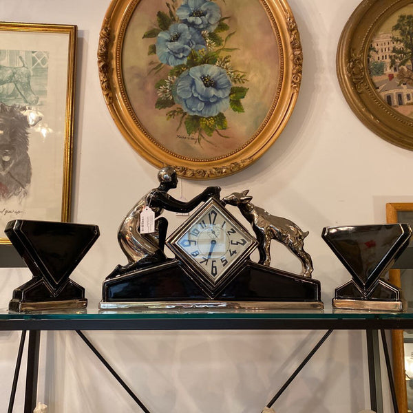 French Art Deco mental clock with two planters