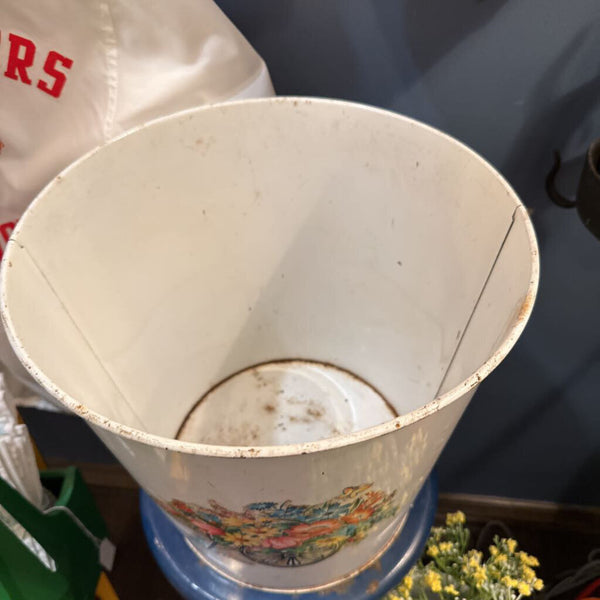 Vintage metal flower trash can as found
