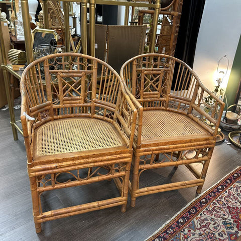 Pair (2) Vintage MCM Bamboo & Rattan Barrel Chairs w/ Cane Seats, In Store Pickup Only