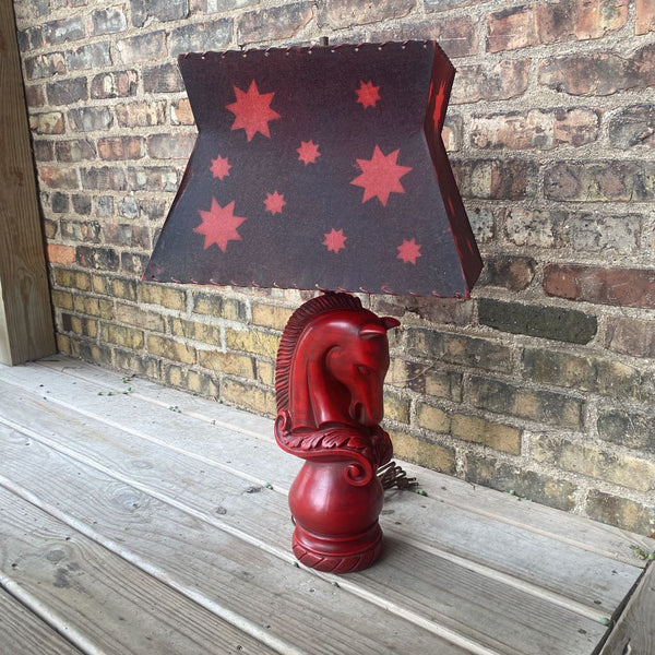 Signed McM red horse chess piece lamp with red shade