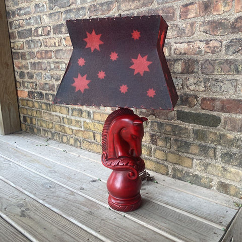 Signed McM red horse chess piece lamp with red shade