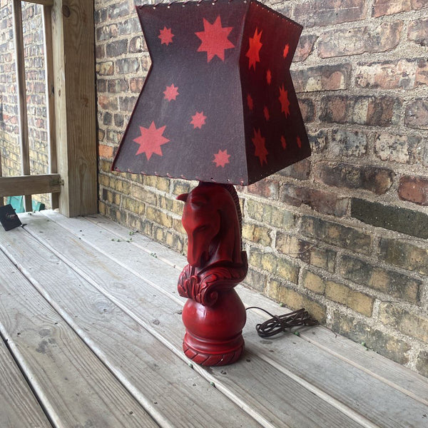 Signed McM red horse chess piece lamp with red shade