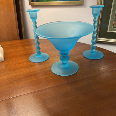 Blue Glass Bowl and two candle holders