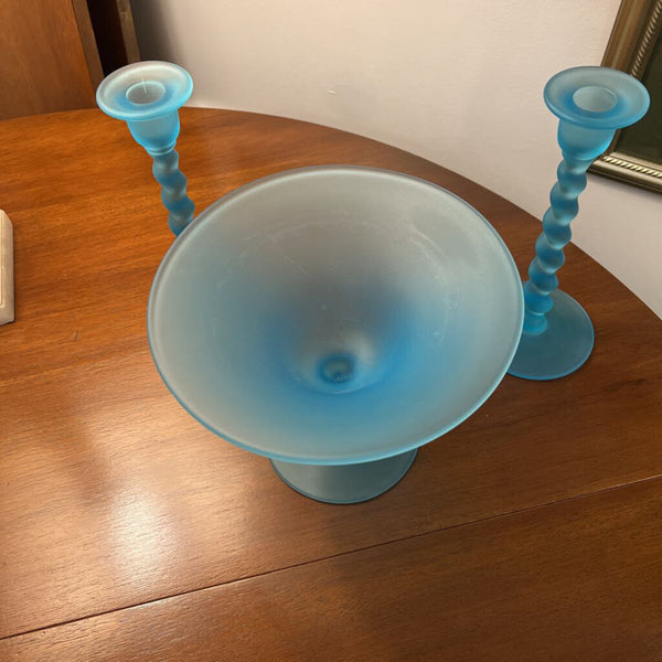 Blue Glass Bowl and two candle holders