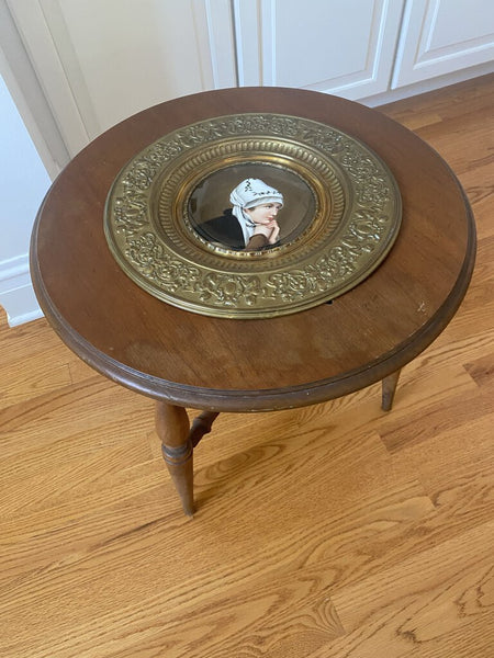 Early 1900s Table with Painted Porcelain Plate w/ Brass Frame (in store PU)