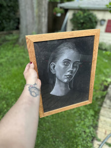 Framed 17x13 in chalk black and white portrait