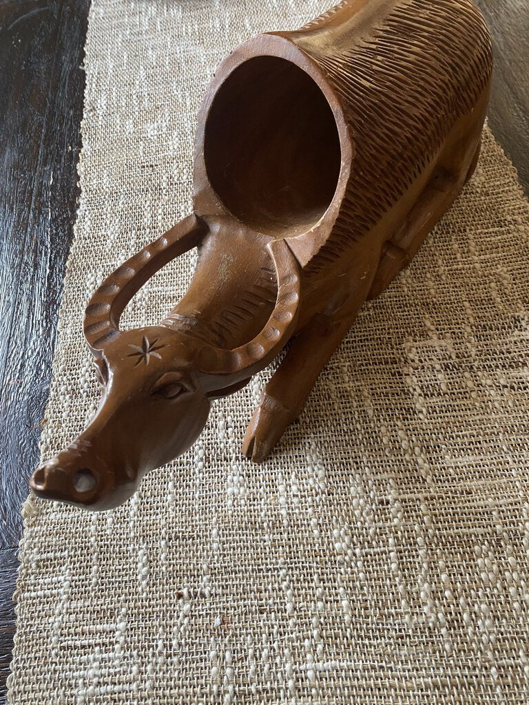 Vtg hand carved Water Buffalo wine bottle holder