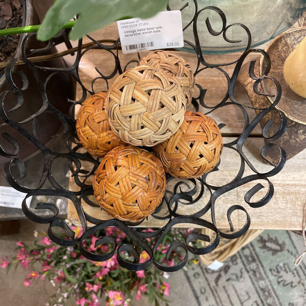 Vintage metal bowl with decorative woven balls