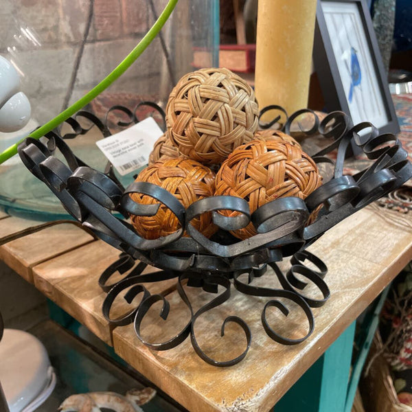 Vintage metal bowl with decorative woven balls