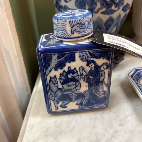 Vintage Blue & White Chinoiserie Square Ceramic Vase / Bottle