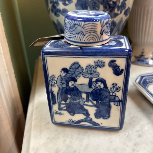 Vintage Blue & White Chinoiserie Square Ceramic Vase / Bottle