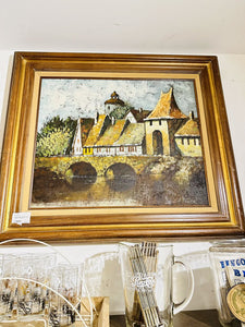 Large vintage oil painting bridge village buildings 30x32