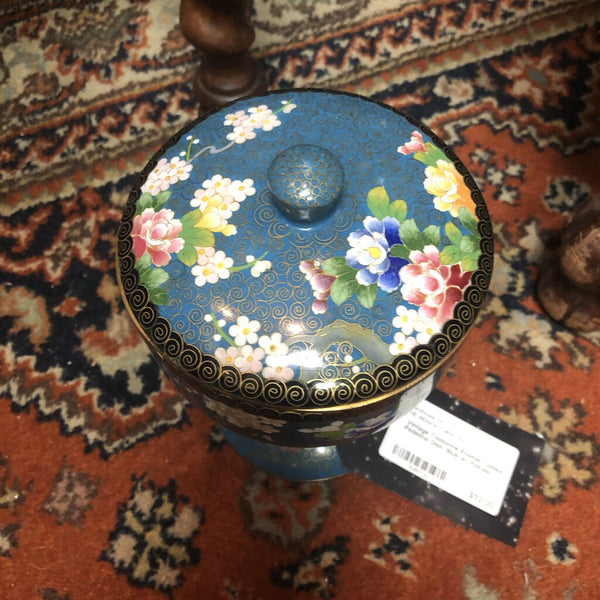 Vintage Cloisonne Enamel Lidded Pedestal Dish, Blue w/ Florals