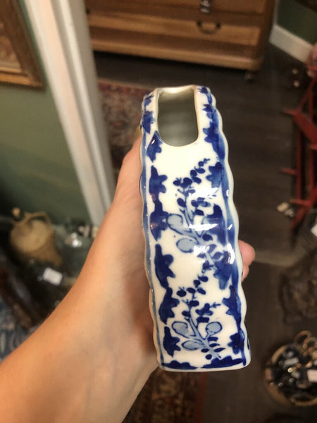 Vintage Blue and White Chinoiserie Fan Shaped Vase
