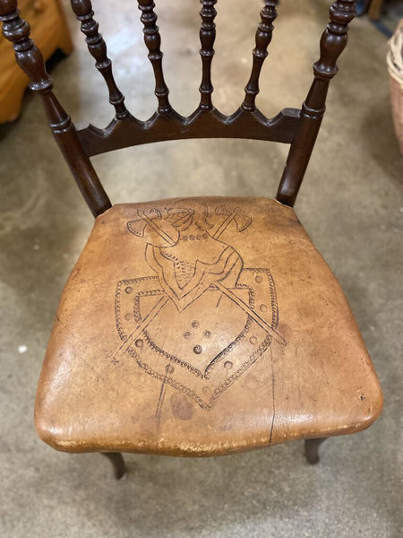Vintage Chair w/ Leather Shield Motif Seat IN STORE PICKUP ONLY