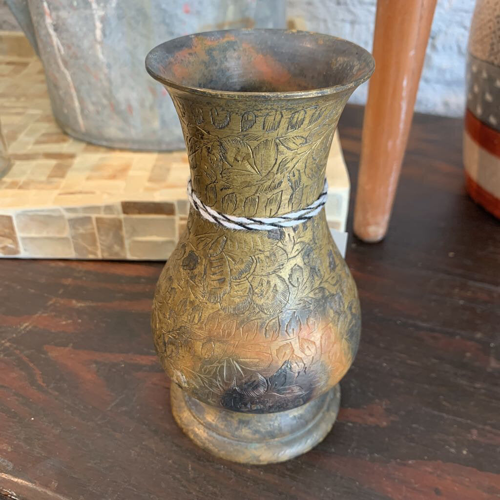 Vintage Brass Etched Vase- 3.5" w x 6" t
