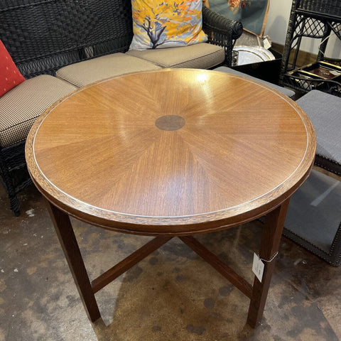 Round wooden parquet table brass inlay D 35.5 x H 27