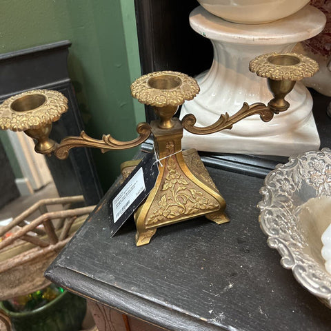 Antique Cast Brass Ornate 3-Candle Holder Candelabra