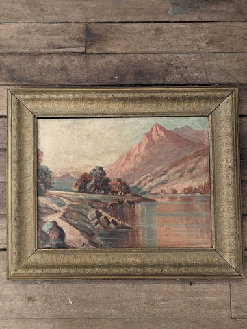 Antique oil on board pastoral cows by river and mountain