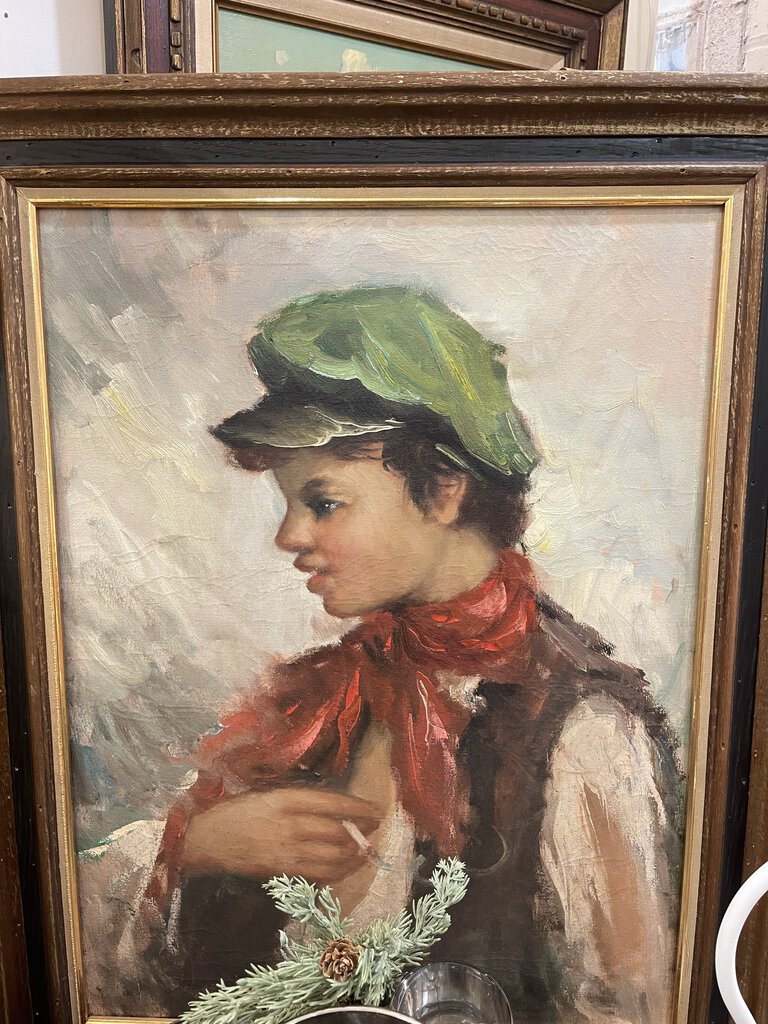 VINTAGE FRAMED PORTRAIT OF BOY WITH CAP AND CIGARETTE AS IS
