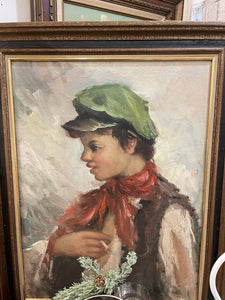 VINTAGE FRAMED PORTRAIT OF BOY WITH CAP AND CIGARETTE AS IS