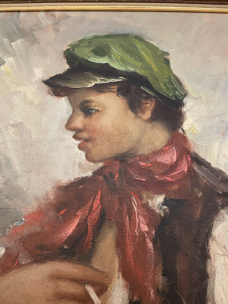 VINTAGE FRAMED PORTRAIT OF BOY WITH CAP AND CIGARETTE AS IS