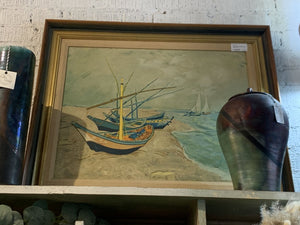 Vintage Sailboat Framed Art- Signed Vincent- Printed Canvas- 25" W X 31" L