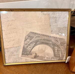 Large rectangular Vintage gold frame w/ sepia photo paper of postcard:Eiffel Tower