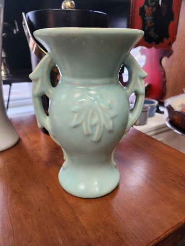 McCoy pottery green double handle urn 9"